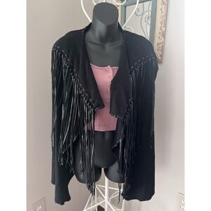 Zara Knit‎ Womens M Jacket Black Faux Leather Fringe Western Goth Cowgirl layer